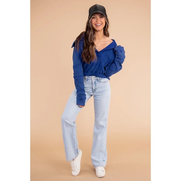 New Free People We The Free Not So Ordinary Pullover Polo Sweater Blue Sz XS - Picture 3 of 10